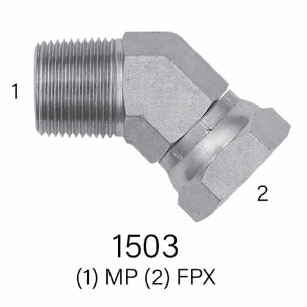 Hydraulic Adapter Series 1503 MPT to Swivel FPT – 45° Elbow  #2(1/8') - #20(1.25")