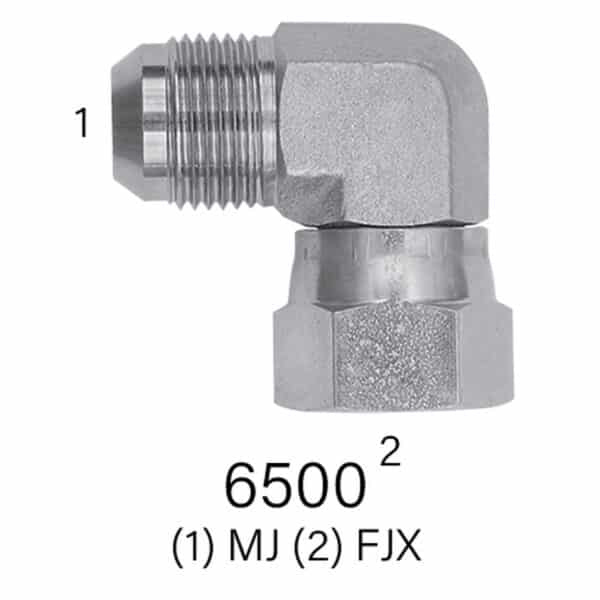 MJIC to FJX (Female JIC Swivel) Hydraulic Adapter, Series 6500 90° Street Elbow, Sizes #4-#24