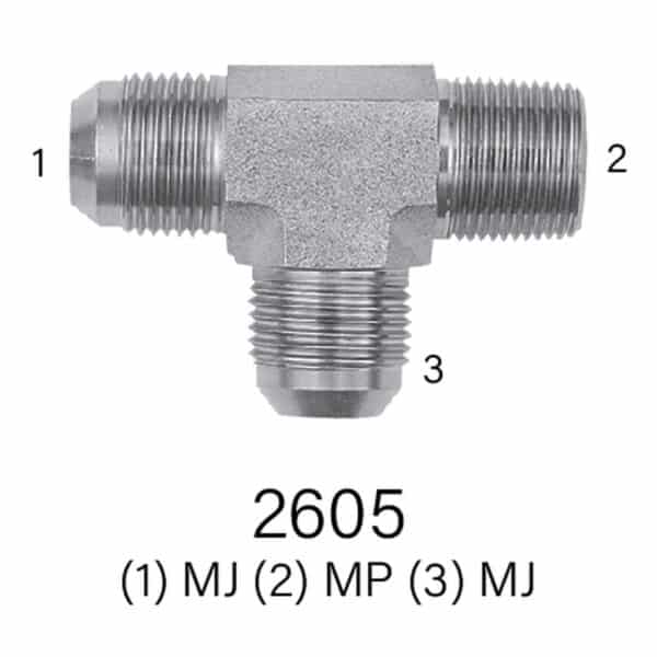 Hydraulic Tee Fitting Series 2605 #12 MJIC to #12 MPT to #12 MJIC