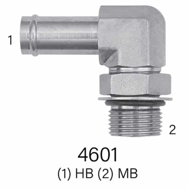 Series 4601 Hydraulic Adapter, HB (Hose Barb) to MB (O-Ring Boss) 90° Elbow Size #4 - #16