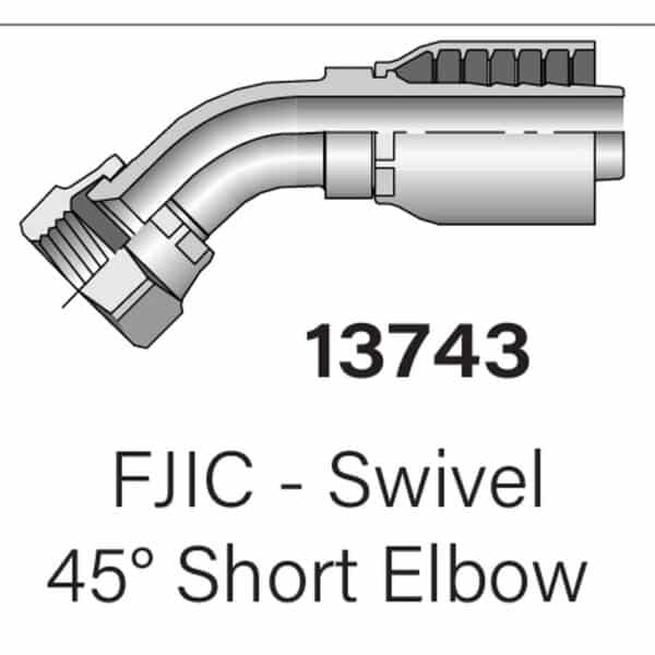 Heavy Duty Parker Series 13743 FJIC Swivel to Hydraulic Hose 45° Short Elbow - Size #4-#20