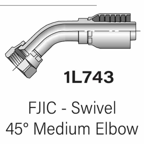 Heavy Duty Parker Series 1L743 FJIC Swivel to Hydraulic Hose 45° Medium Elbow - Size #6-#16