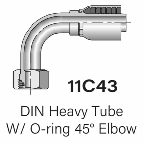 Parker Series 11C43 Metric DIN Heavy Tube with O-ring 45° Elbow, Sizes 8mm - 25mm